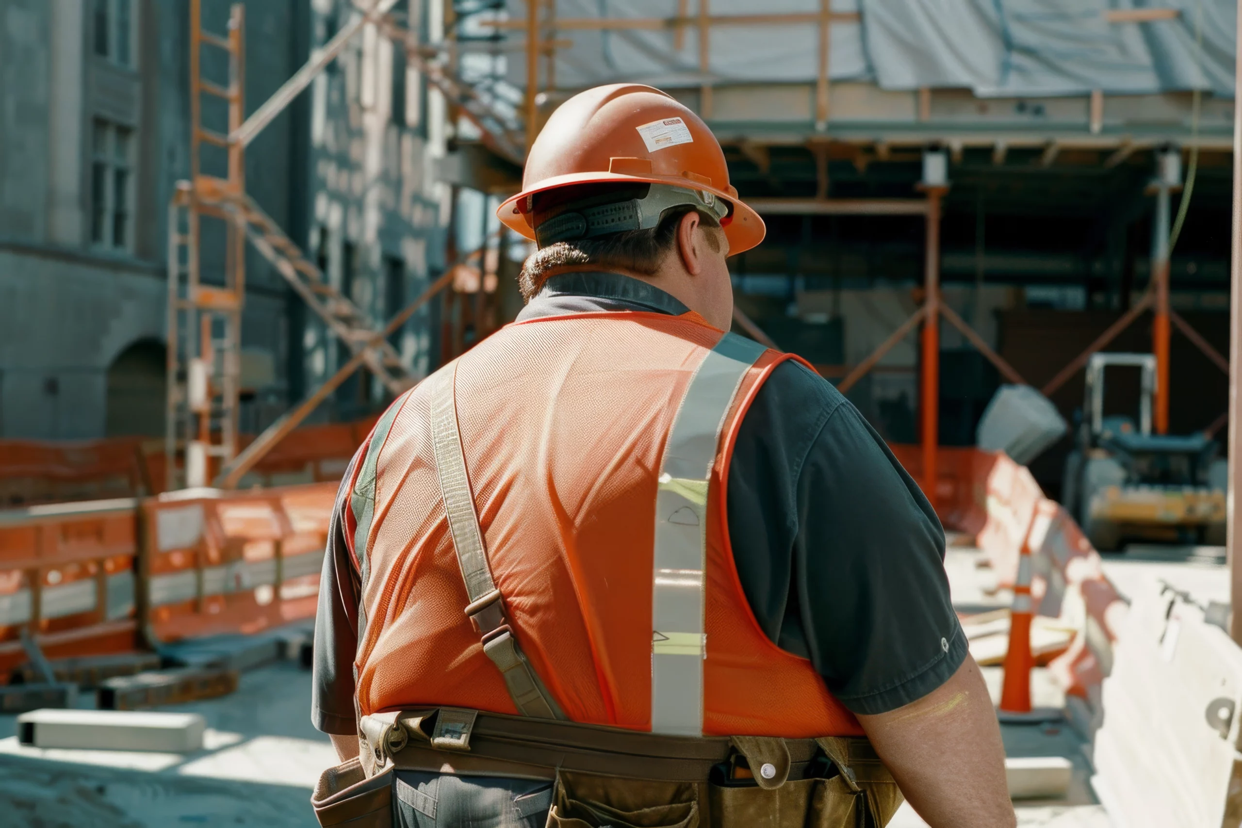 Un artisan du BTP portant un casque et un gilet de sécurité sur un chantier