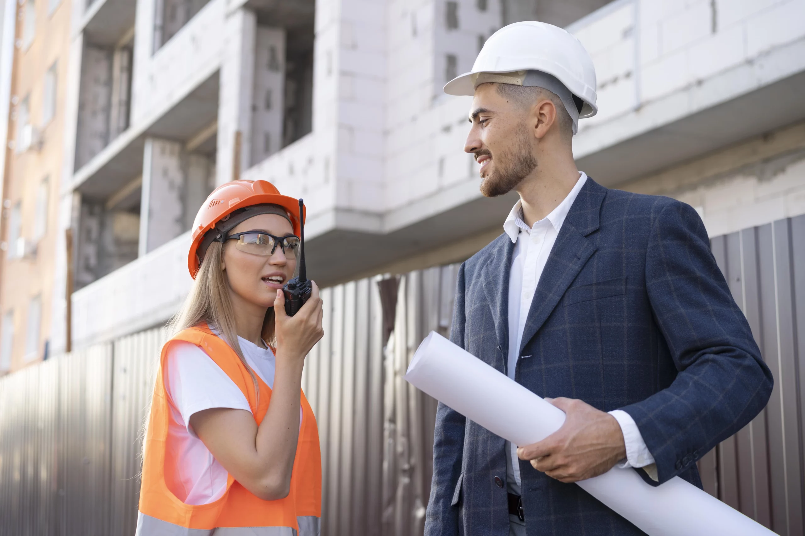 Une femme portant un casque orange et un gilet de sécurité parle à la radio, tandis qu'un homme en costume tient des plans de construction sur un chantier.