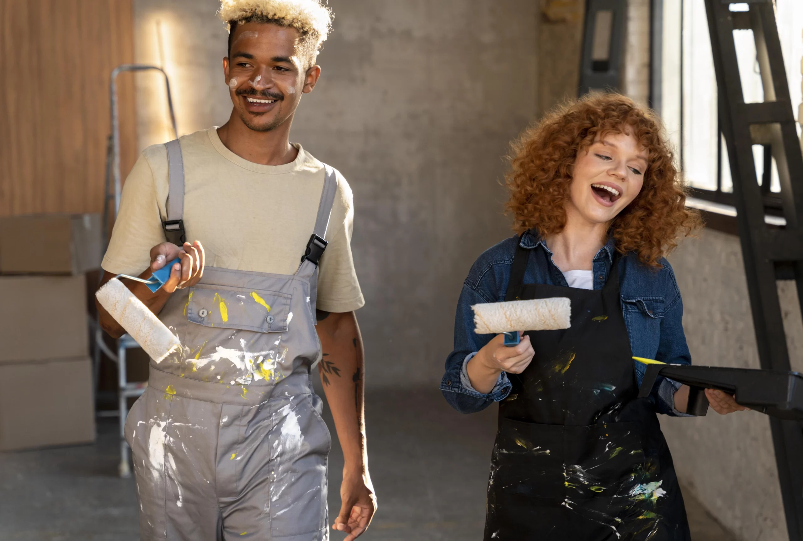 Deux artisans en tenue de peintre, avec des rouleaux de peinture, souriants et discutant dans un atelier.