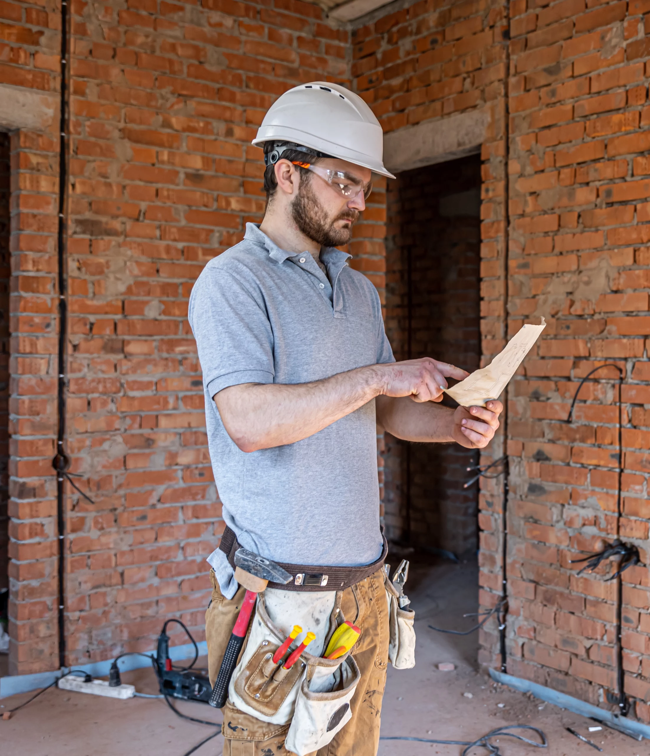 Artisan en tenue de travail et casque examinant des plans sur un chantier en construction.